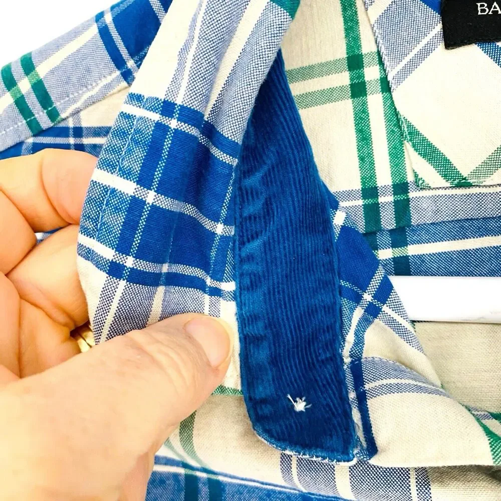 Banana Republic‎ Oxford Slim Fit Blue Green Plaid Corduroy Trim Mens Shirt M